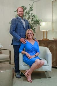 A lovely couple wearing blue